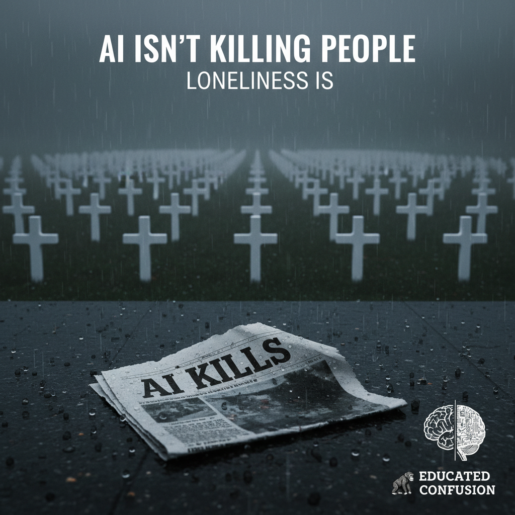 AI Isn't Killing People. Loneliness Is. - Blog post thumbnail showing a crumpled newspaper with AI KILLS headline against a field of memorial crosses