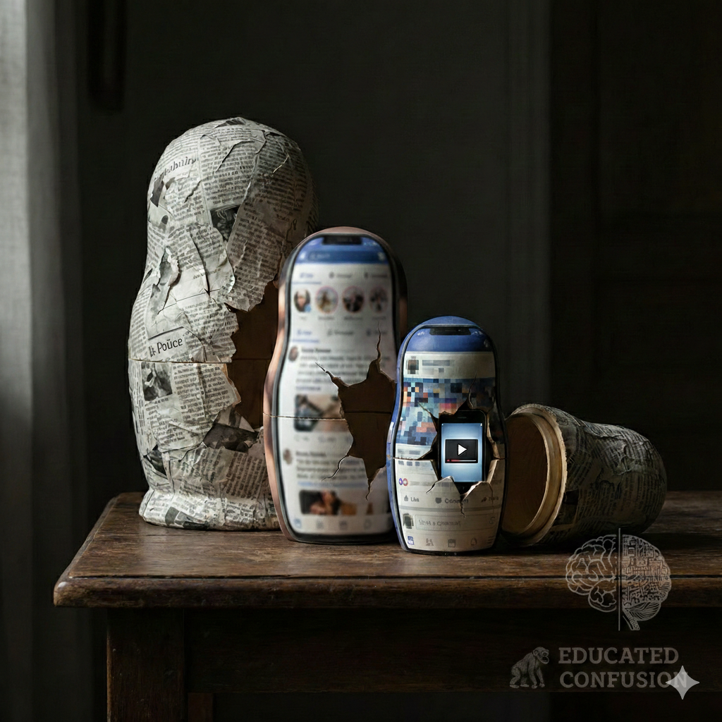 Nesting dolls made of newspaper peeling open to reveal social media screens inside, with Educated Confusion watermark