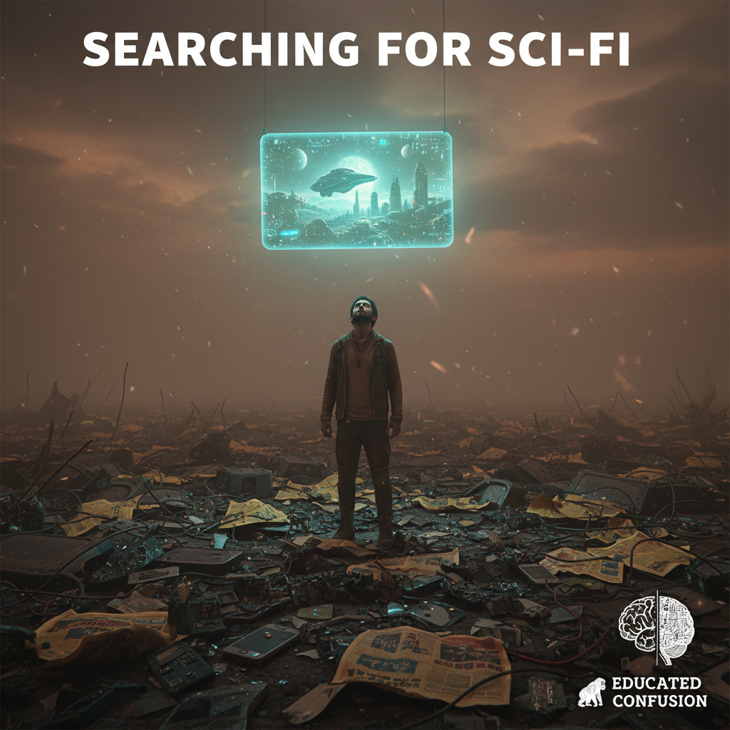 Searching for Sci-Fi - a figure standing in a digital wasteland looking up at a floating sci-fi movie screen