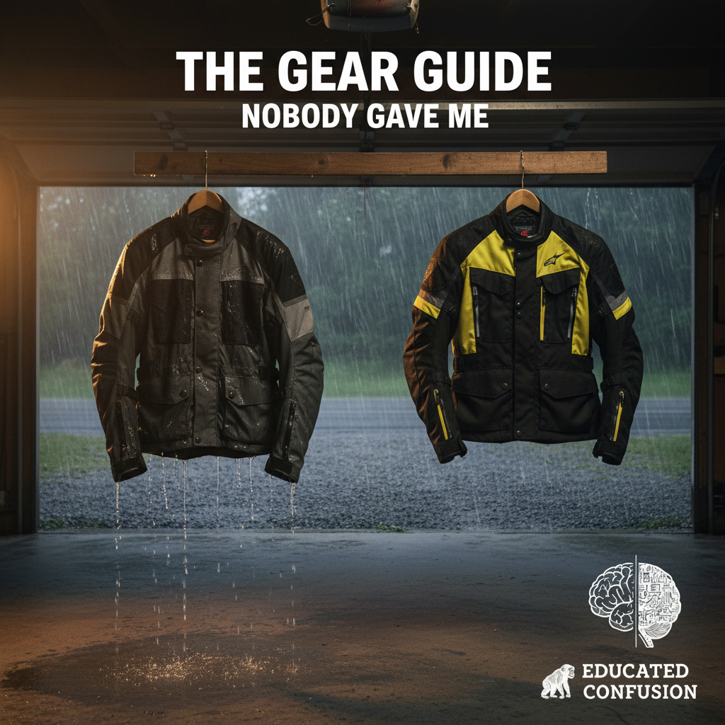 Enduro motorcycle gear laid out showing textile jacket construction and waterproof zipper details