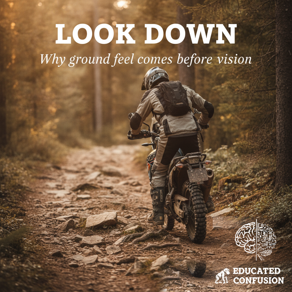 An adventure motorcyclist riding away down a rocky forest trail at golden hour, seen from behind, with the title Look Down and subtitle Why ground feel comes before vision